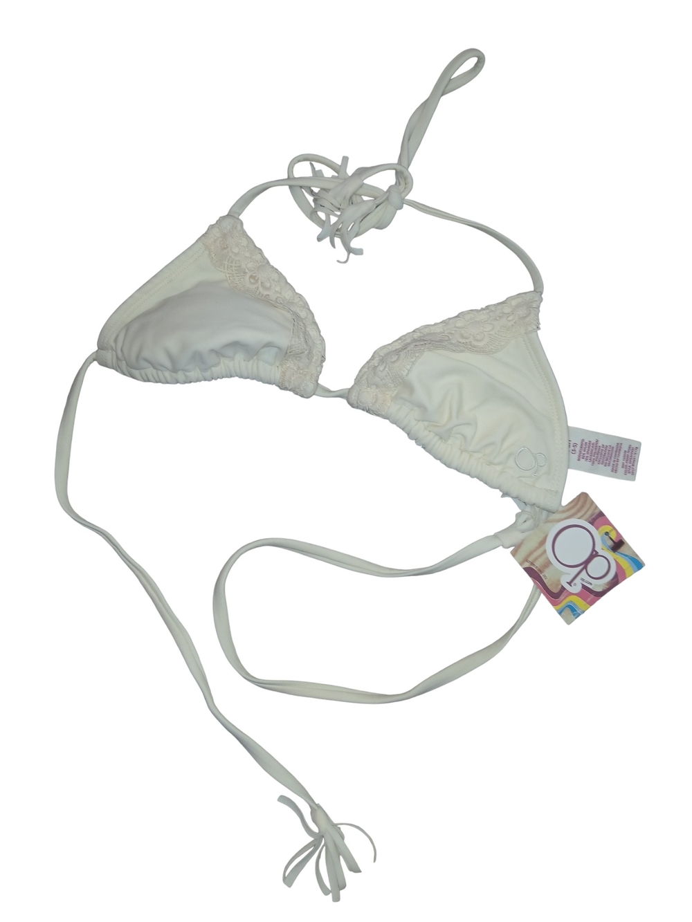 NWT OP Cream Lace-Trim Triangle Bikini Top Tassle Ties Small
